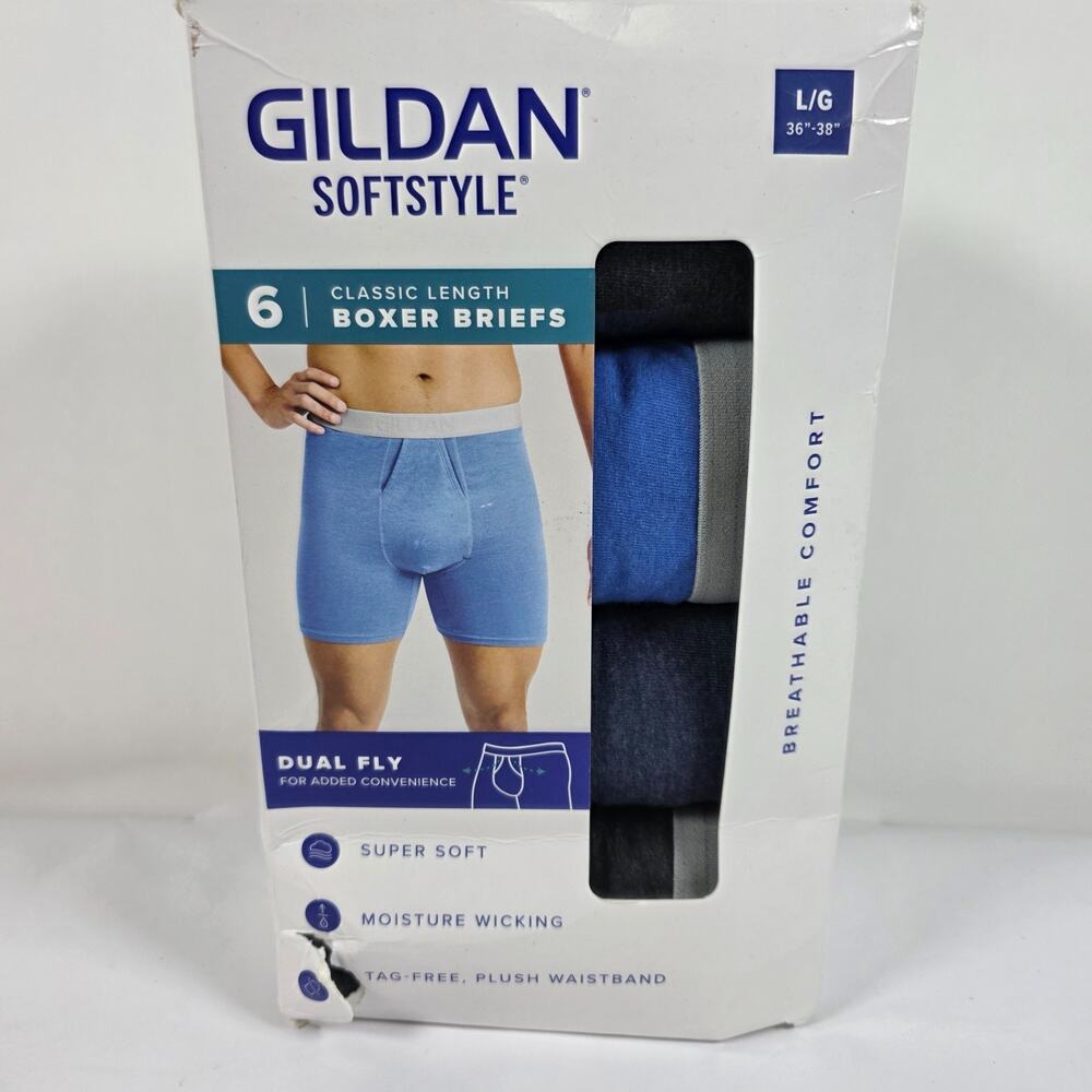 Gildan Softstyle Boxer Briefs 6 Pack Mens Large 36-38 Moisture Wicking Dual Fly